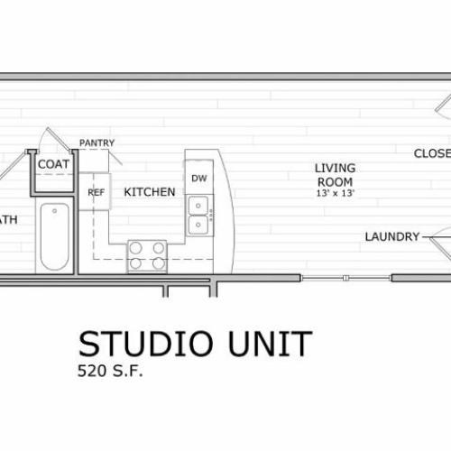 floor plan image of studio apartment at Coryell Commons