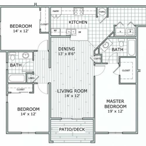 floor plan image of apartment with 3 bedrooms and 2 bathrooms at Coryell Courts