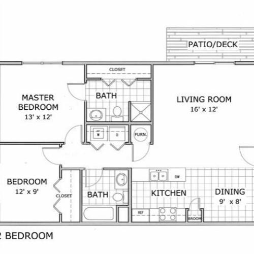 floor plan image of a furnished 2 bedroom and 2 bathroom apartment home at Hawthorn Suites