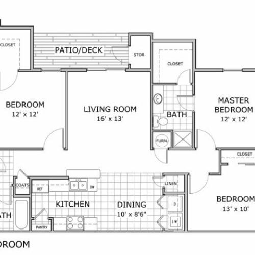 floor plan image of 3 bedroom and 2 bathroom apartment