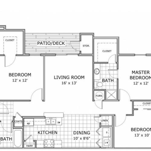 floor plan image of 3 bedroom furnished apartment home at Orchard Park