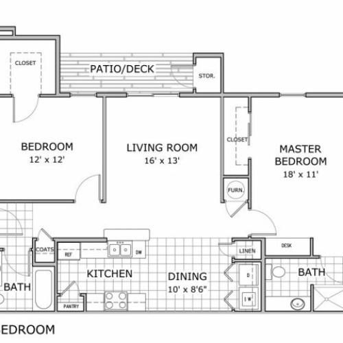 2 bedroom and 2 bathroom floor plan image
