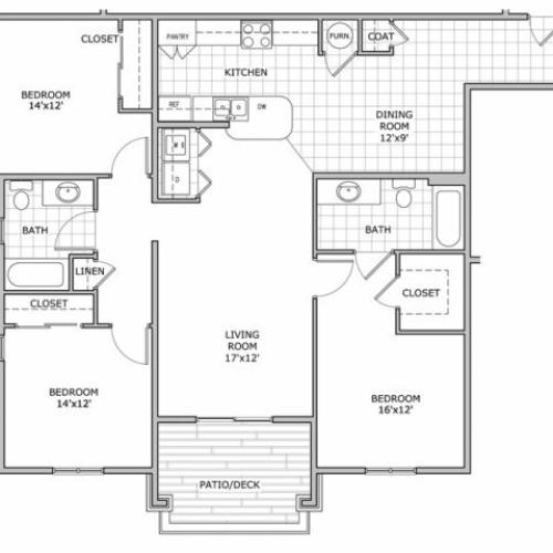 floor plan image of a furnished 3 bedroom apartment home