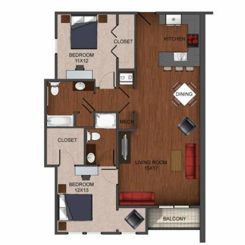 2 bedroom apartment home floor plan at Township 28