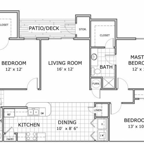 Floor plan image of 3 bedroom apartment home at Battlefield Park