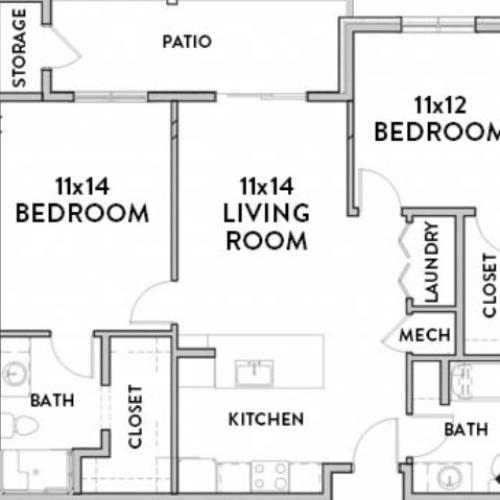 2 Bedroom A Floor Plan with Room Dimensions