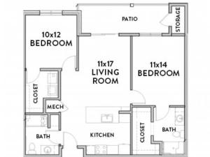 2 Bedroom C (ADA) Floor Plan with Room Dimensions
