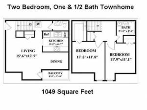 2 Bedroom, 1.5 Bathroom Townhome. Washer/Dryer connections in downstairs hall.  Kitchen has overhead cabinets  above stove.