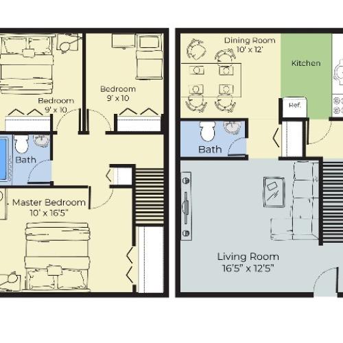 Two Bedroom Townhouse | 2-Bed, 1.5-Bath Floor Plan | Hilltop by ...