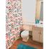 Bathroom: Well lighted room, Trendy pattern shower curtain, White cabinet and sink, Large toilet, Hardwood flooring.