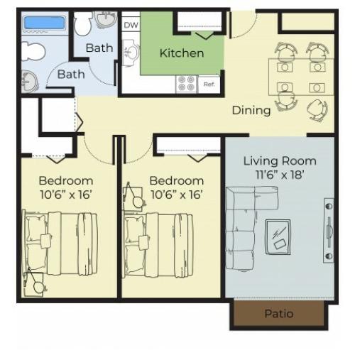 The Auburn 2-Bedroom 1.5 Bath Floor Plan | Princeton Place Apartments | Worcester, MA