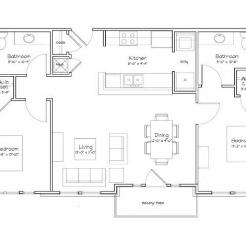 2X2-B2 Floor Plan | 2 Bedroom with 2 Bath | 934 Square Feet | Alpha Mill | Apartment Homes