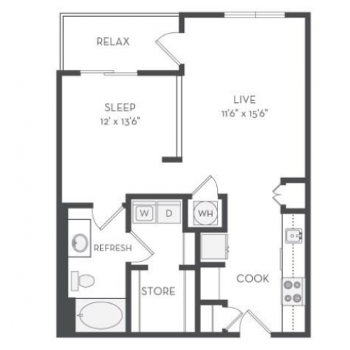 The Ford Floor Plan | 1 Bedroom with 1 Bath | 734 Square Feet | Cottonwood Westside | Apartment Homes
