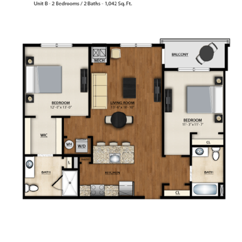 B Floor Plan | 2 Bedroom 2 Bath | 1042 Square Feet | Parc Westborough | Apartment Homes
