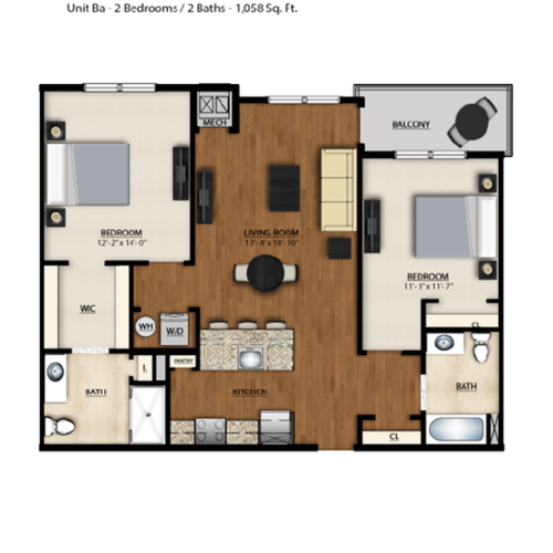 BA Floor Plan | 2 Bedroom 2 Bath | 1058 Square Feet | Parc Westborough | Apartment Homes
