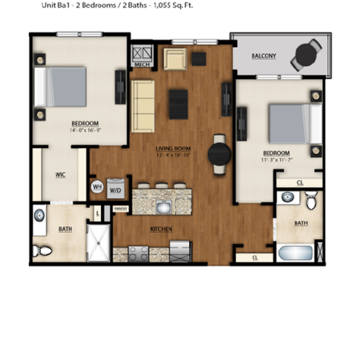 BA1 Floor Plan | 2 Bedroom 2 Bath | 1055 Square Feet | Parc Westborough | Apartment Homes