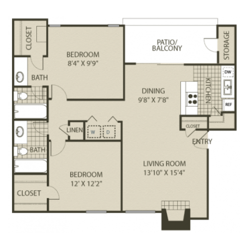 B2 Floor Plan | 2 Bedroom with 2 Bath | 1000 Square Feet | 4804 Haverwood | Apartment Homes
