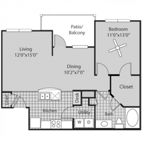 A2A Floor Plan | 1 Bedroom with 1 Bath | 846 Square Feet | Bluffs at Vista Ridge | Apartment Homes