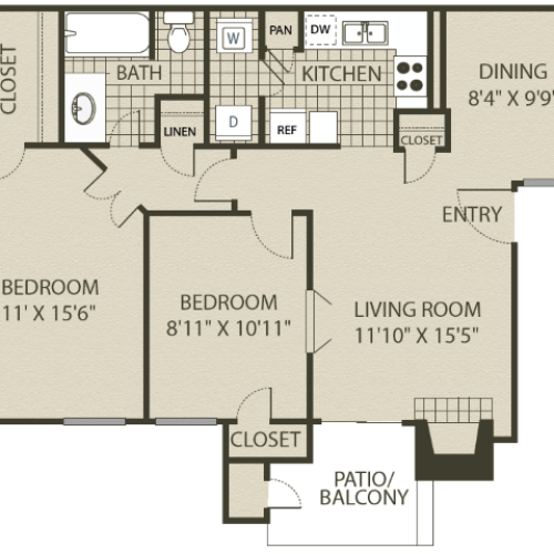 Upgraded B1 Floor Plan | 2 Bedroom with 1 Bath | 874 Square Feet | The Oaks of North Dallas | Apartment Homes