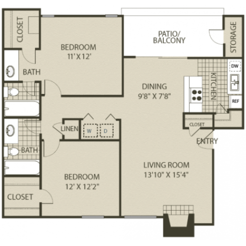 Renovated B2 Floor Plan | 2 Bedroom with 2 Bath | 1000 Square Feet | The Oaks of North Dallas | Apartment Homes