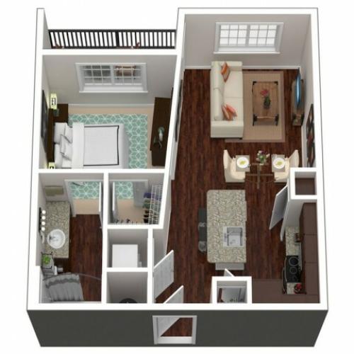612 square foot one bedroom one bath apartment floorplan 3D image