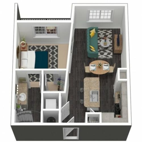629 square foot one bedroom one bath apartment floorplan 3D image
