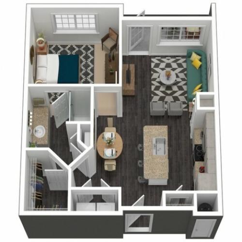774 square foot one bedroom one bath apartment floorplan 3D image