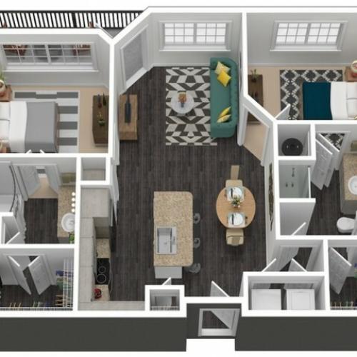 992 square foot two bedroom two bath apartment floorplan 3D image