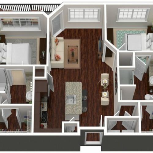 1017 square foot two bedroom two bath apartment floorplan 3D image