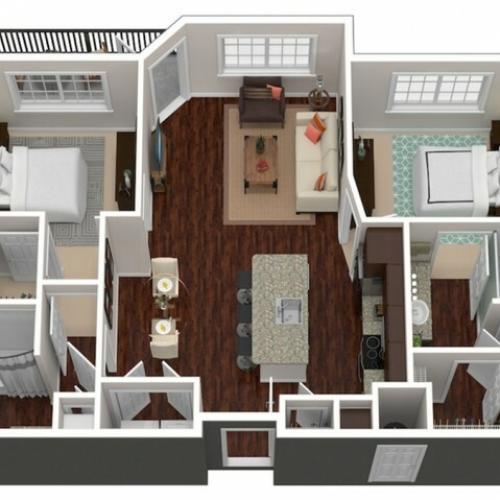 1037 square foot two bedroom two bath apartment floorplan 3D image