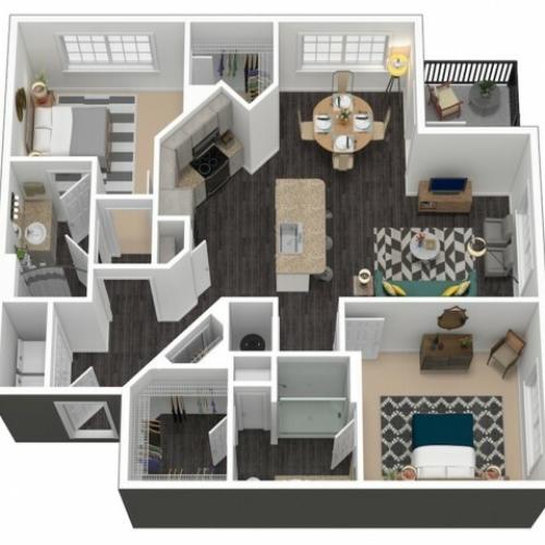 1228 square foot two bedroom two bath apartment floorplan 3D image