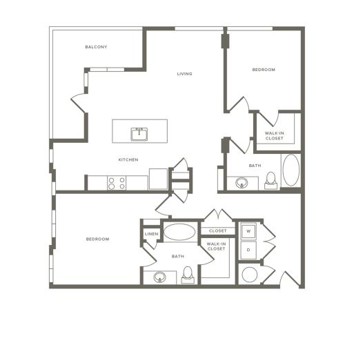 1224 square foot two bedroom two bath apartment floorplan image