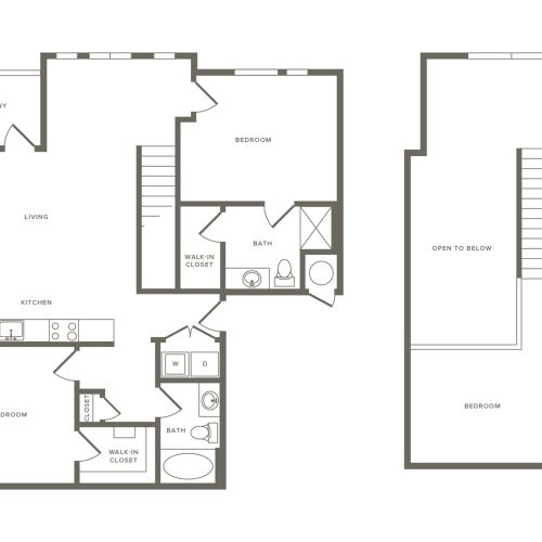 1166 square foot two bedroom two bath loft apartment floorplan image