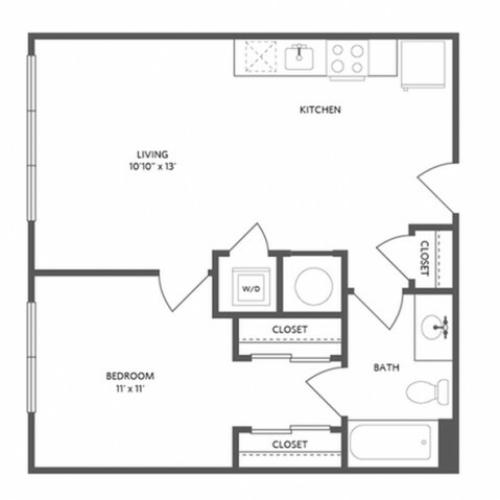 600 square foot one bedroom one dual access bath apartment floorplan image