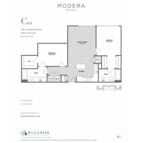 984 square foot two bedroom two bath apartment floorplan image