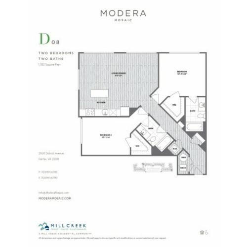 1182 square foot two bedroom two bath apartment floorplan image