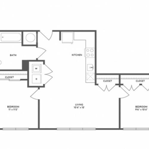 978 square foot two bedroom one bath apartment floorplan image