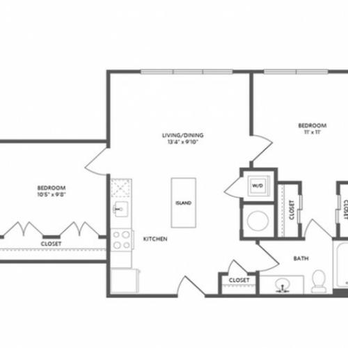 739 square foot two bedroom one bath apartment floorplan image