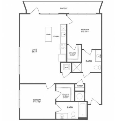 982 square foot two bedroom two bath apartment floorplan image