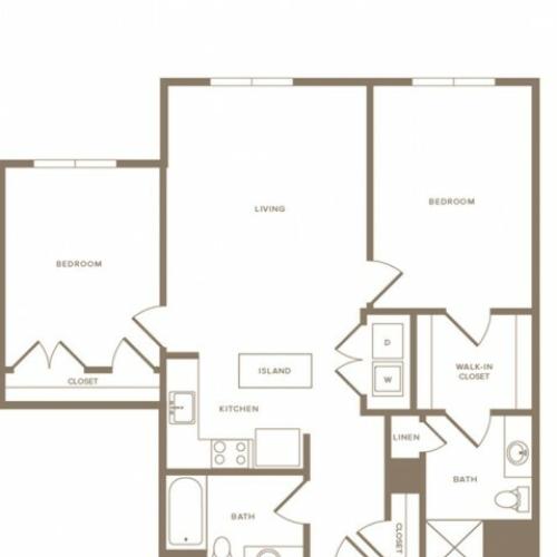 1117 square foot two bedroom two bath apartment floorplan image