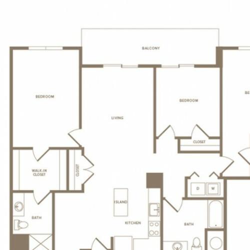 1517 square foot three bedroom two bath apartment floorplan image