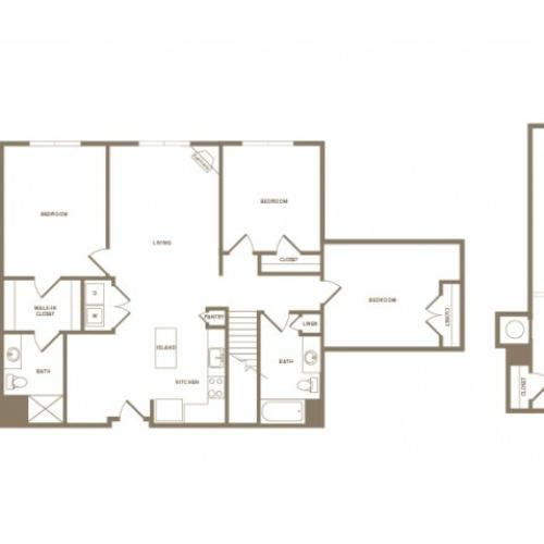 1661 square foot three bedroom two bath loft apartment floorplan image