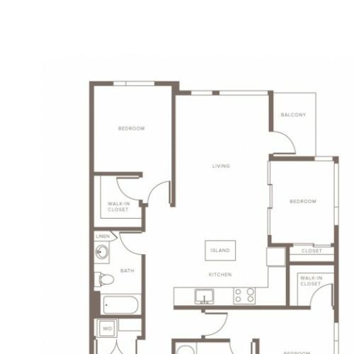 1144 square foot three bedroom two bath apartment floorplan image