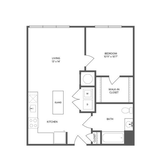 675 square foot one bedroom with walk-in closet one bath apartment floorplan image