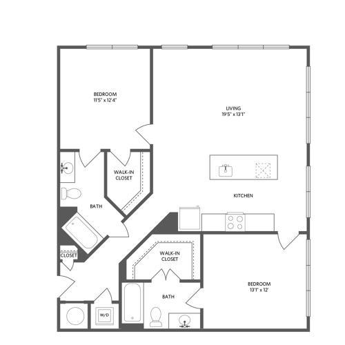 1147 square foot two bedroom two bath apartment floorplan image