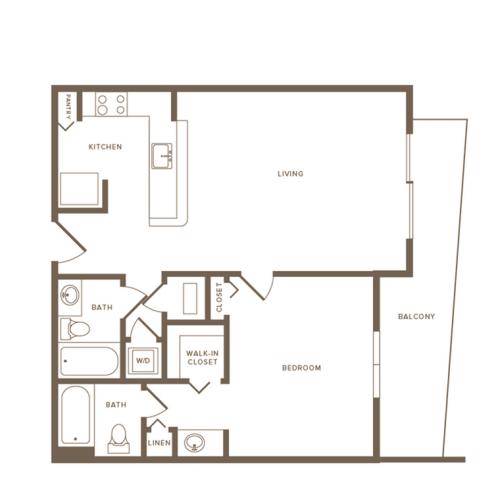 805 square foot one bedroom two bath apartment floorplan image