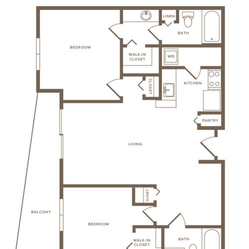 1146 square foot two bedroom two bath apartment floorplan image