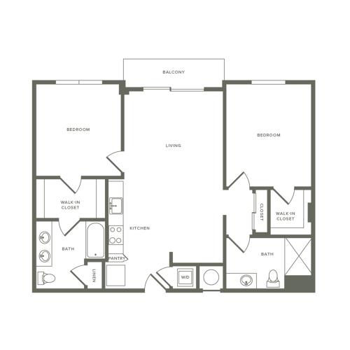 1043 square foot two bedroom two bath apartment floorplan image