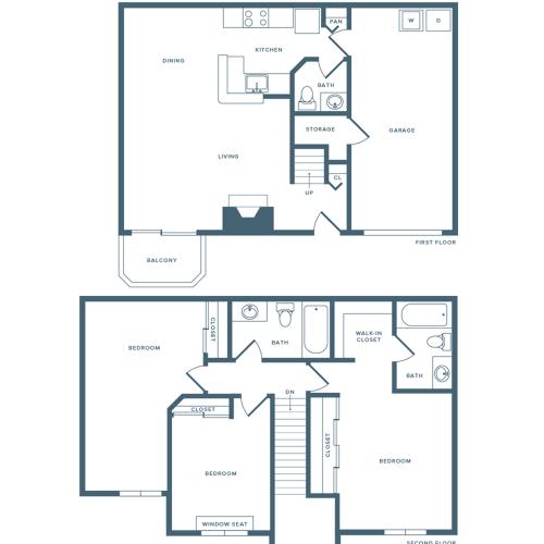 1340 square foot three bedroom two bath townhome floorplan image
