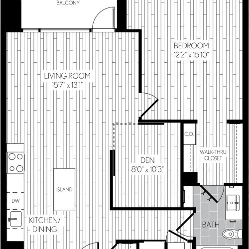 908 square foot one bedroom one bath with den apartment floorplan image